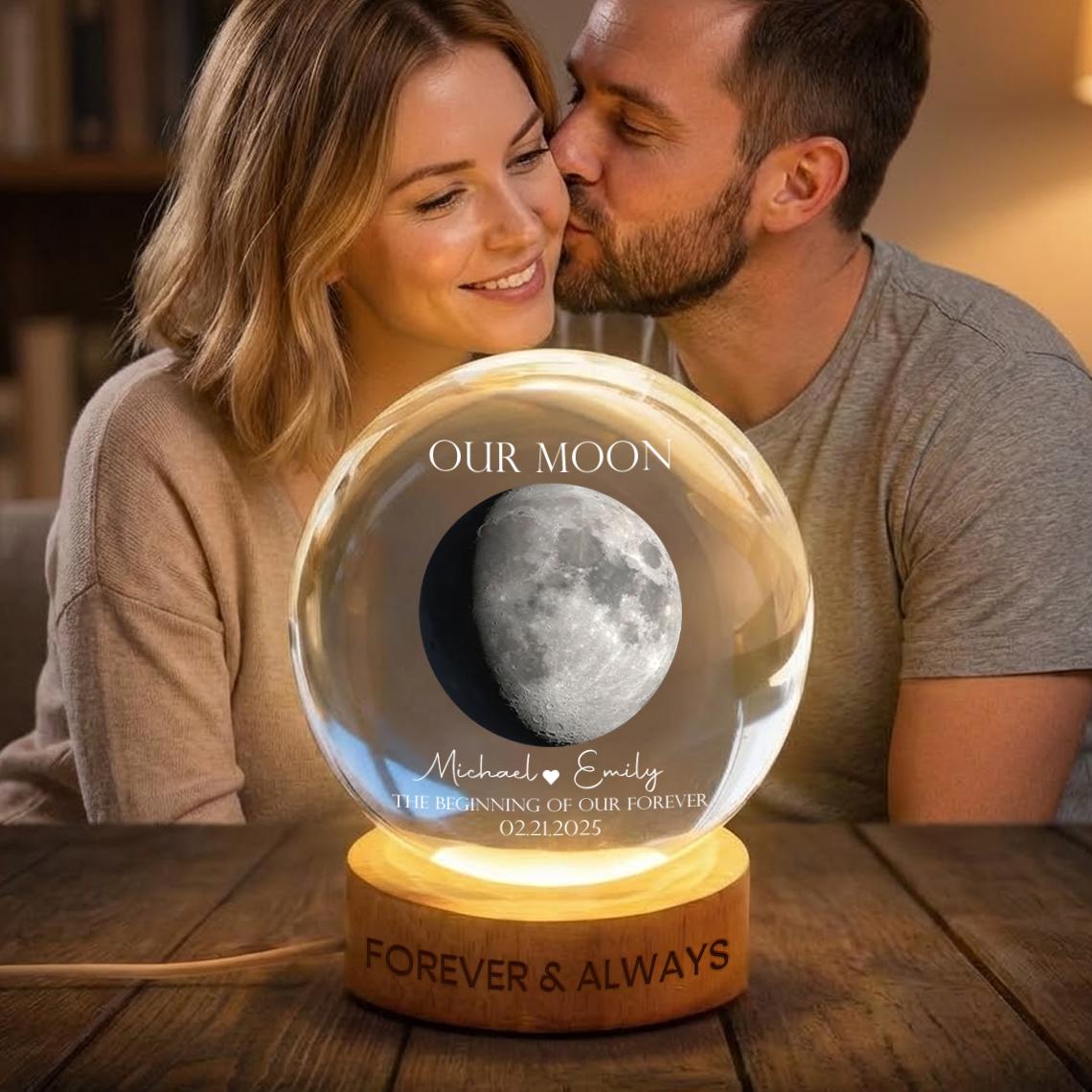 Personalized Moon Phase Anniversary Crystal Ball Lamp_ Engraved Wood Base Custom Keepsake