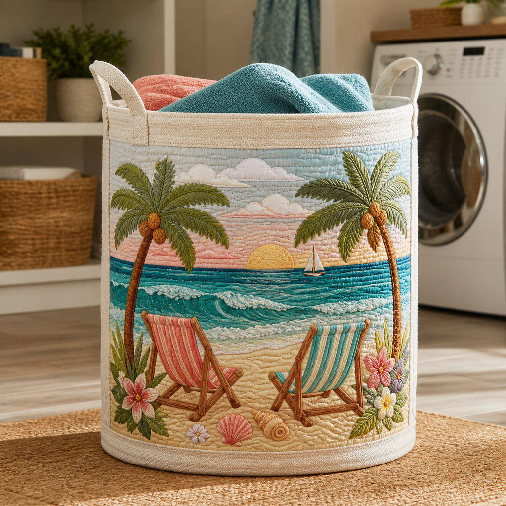 Tropical Quilted Laundry Basket, Beach Scene Storage Bin, Coastal Hamper, Summer Nursery Organizer, Ocean Home Decor