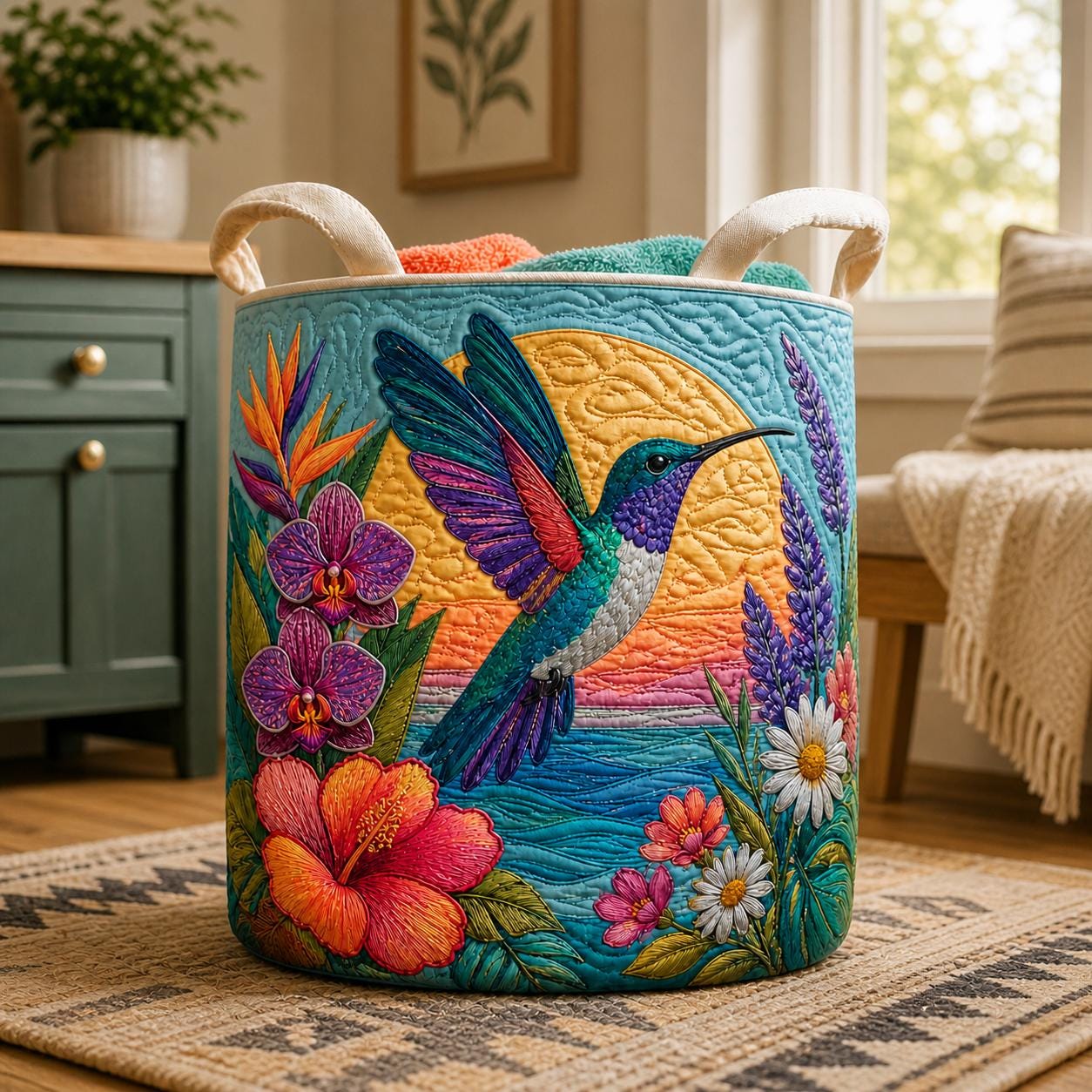 Hummingbird Heaven Quilted Laundry Basket, Bird Laundry Room Decor, Soft Fabric Hamper, Bird and Flower Field Hamper, Gift for Mom
