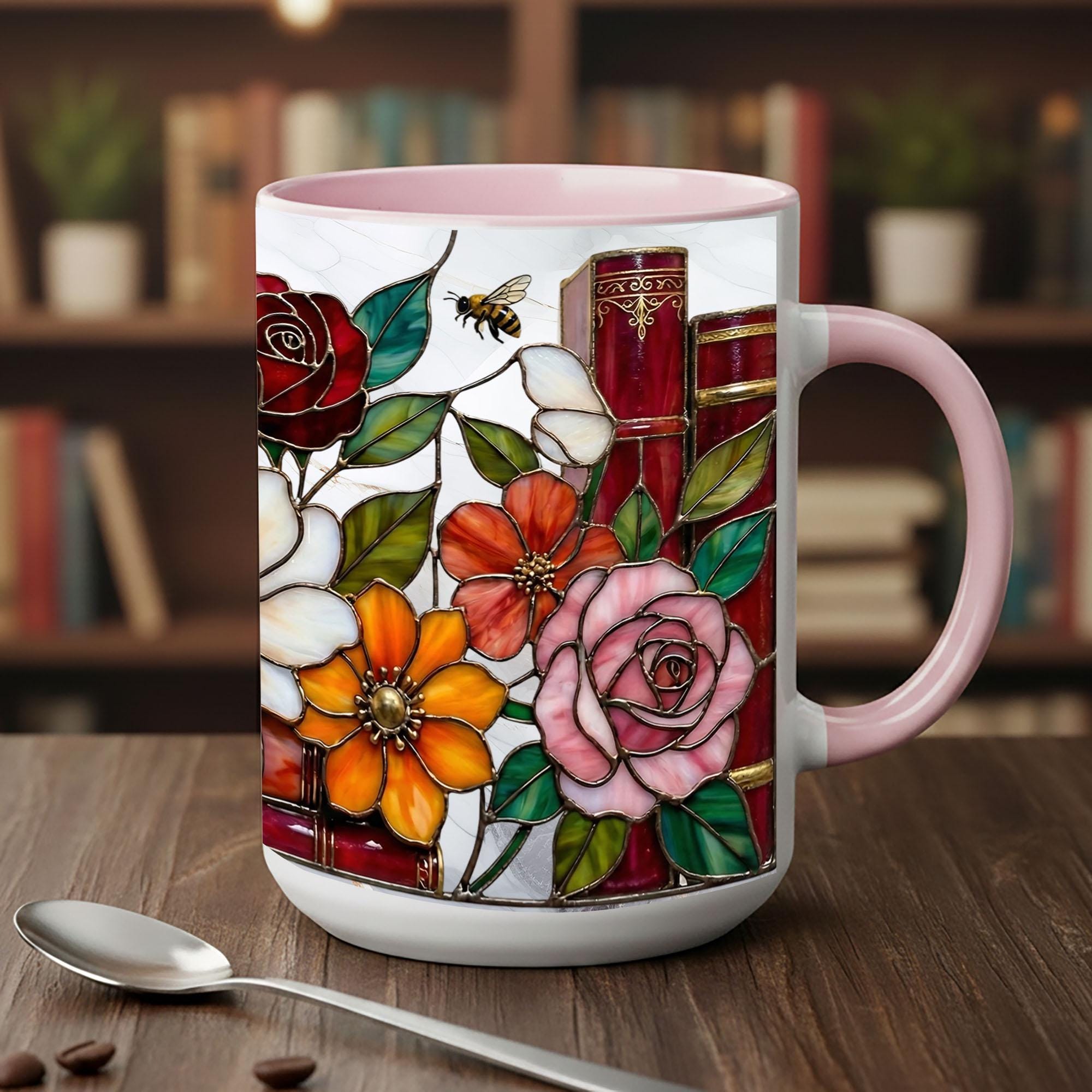 Stained Glass Book Lover Mug Floral Cottagecore Bookshelf Design Colorful Reading Bookish Cup 15oz Ceramic, Handle Color Mug