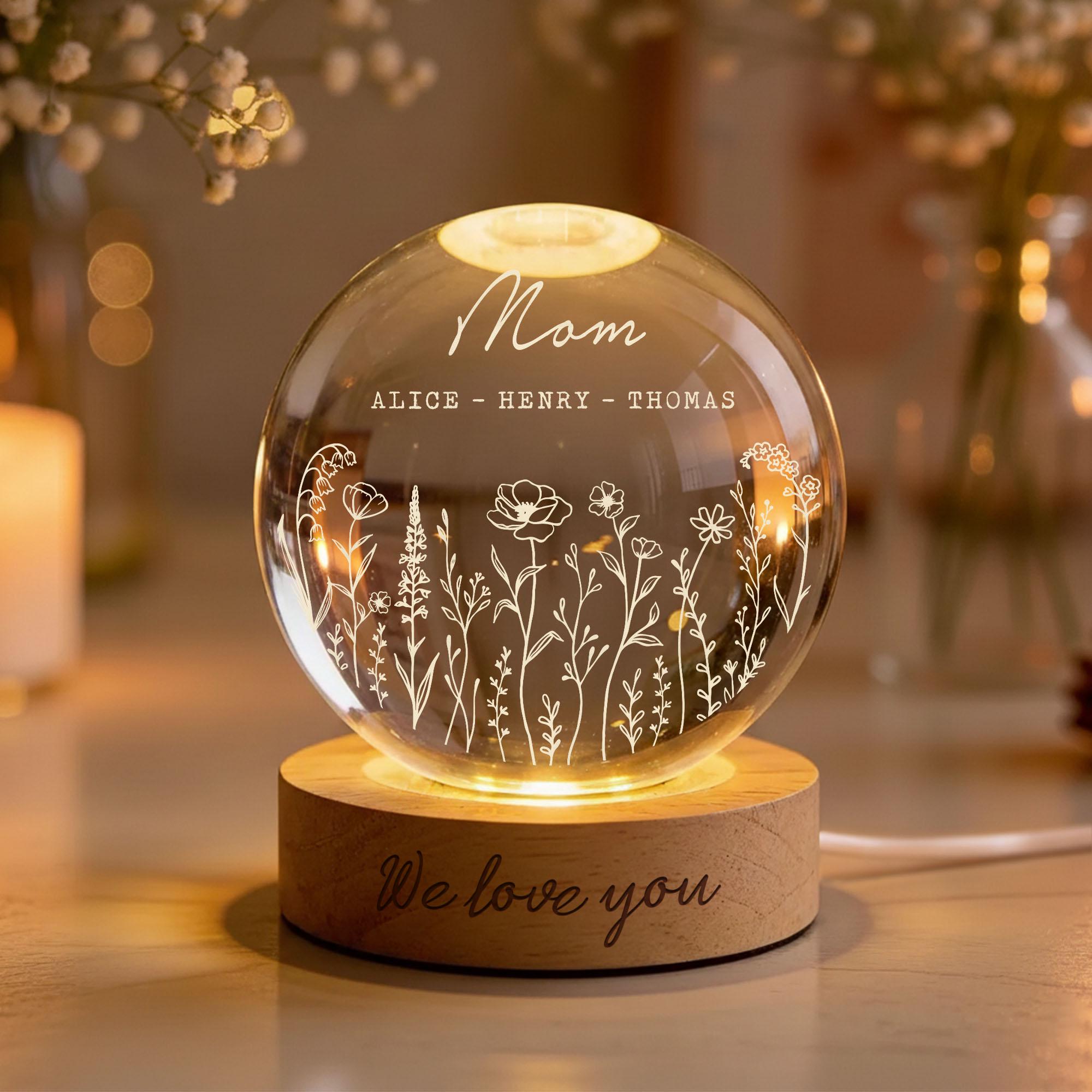 Personalized Mom Wildflower Crystal LED Ball, Floral Grandma With Kids Name Night Light, Gift for Mom, Grandma,mother's Day Gift,family Gift