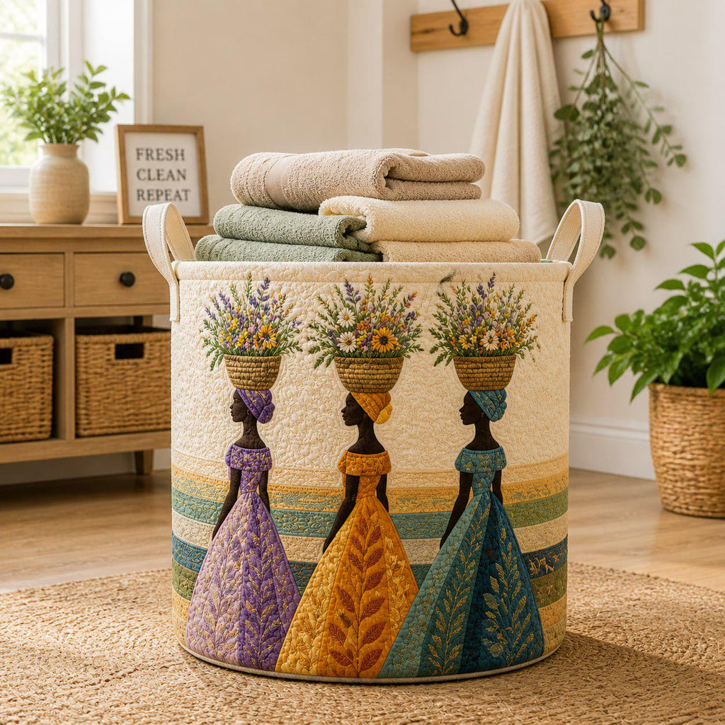 Boho Floral Quilted Laundry Basket, Ethnic Style Fabric Hamper, Decorative Storage Bin, Cottagecore Laundry Organizer, Home Gift