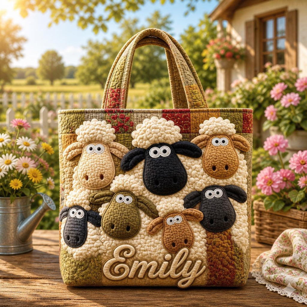 Personalized Happy Sheep Quilt Tote Bag, Custom Cartoon Sheep Tote, Cute Farm Animal Bag, Quilted Shoulder Bag, Handbag for Animal Lover