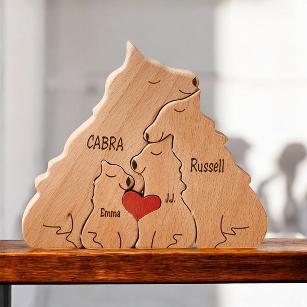 Personalised Wooden Wolf Family Puzzle _ Custom Engraved Figurines _ Handmade Christmas Present, Rustic Home Decor, Family Gift Keepsake