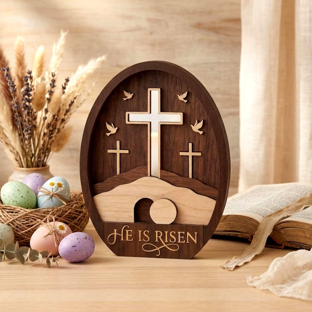 He is Risen Easter Table Sign, Christian Resurrection Wooden Block, He is Risen Wooden Hanging Sign, Custom Religious Cross Easter Egg, Christian Resurrection Gift
