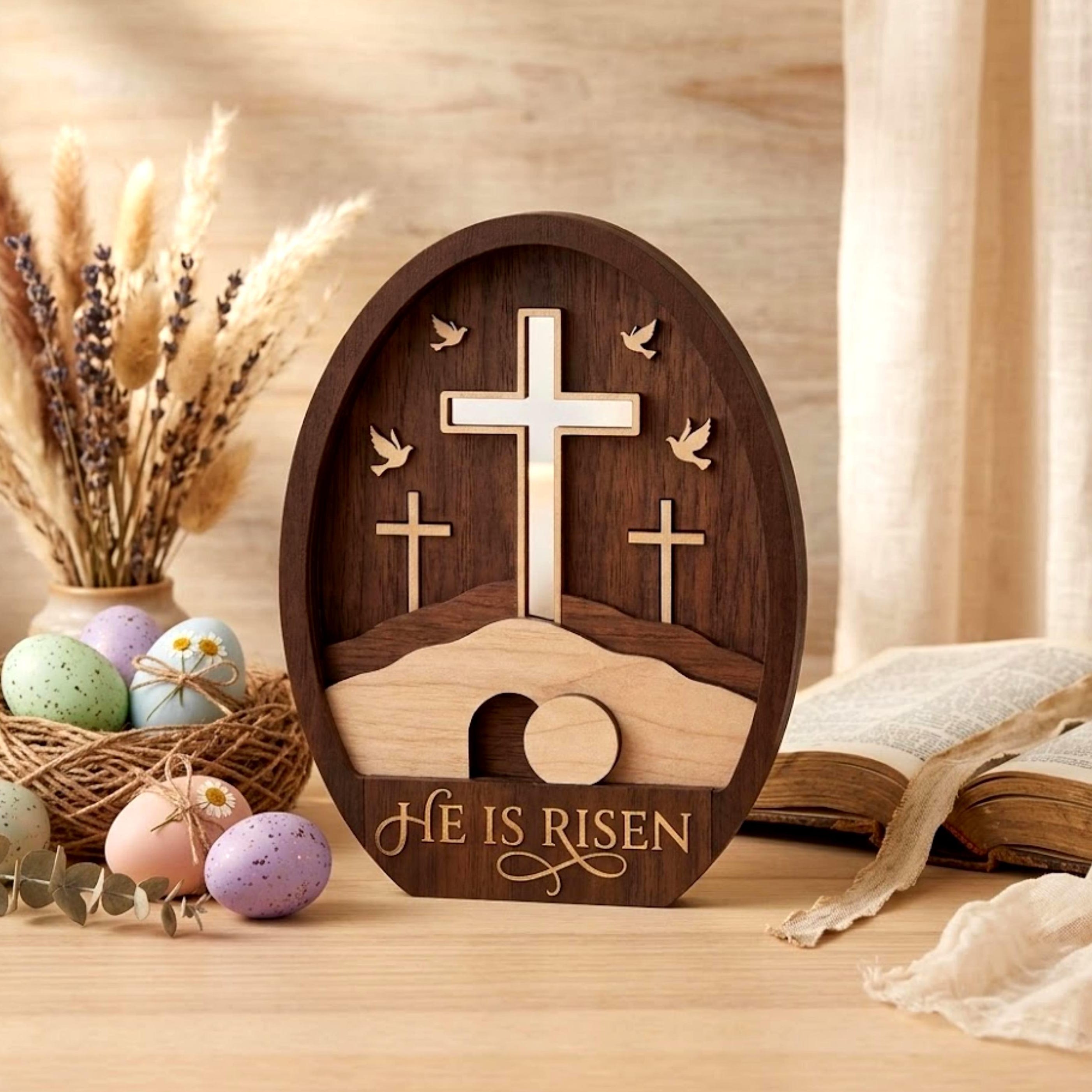 He is Risen Easter Table Sign, Christian Resurrection Wooden Block, He is Risen Wooden Hanging Sign, Custom Religious Cross Easter Egg, Christian Resurrection Gift