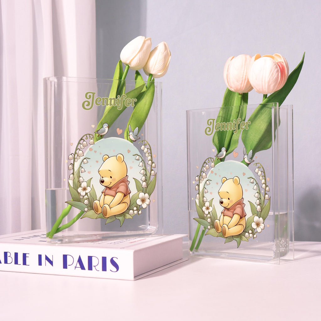 Winnie the Pooh Acrylic Book Vase, Cute Bear Bookish Vase, Lily of the Valley Book Shaped Vase Decor, Personalized Gift for Cartoon Lovers