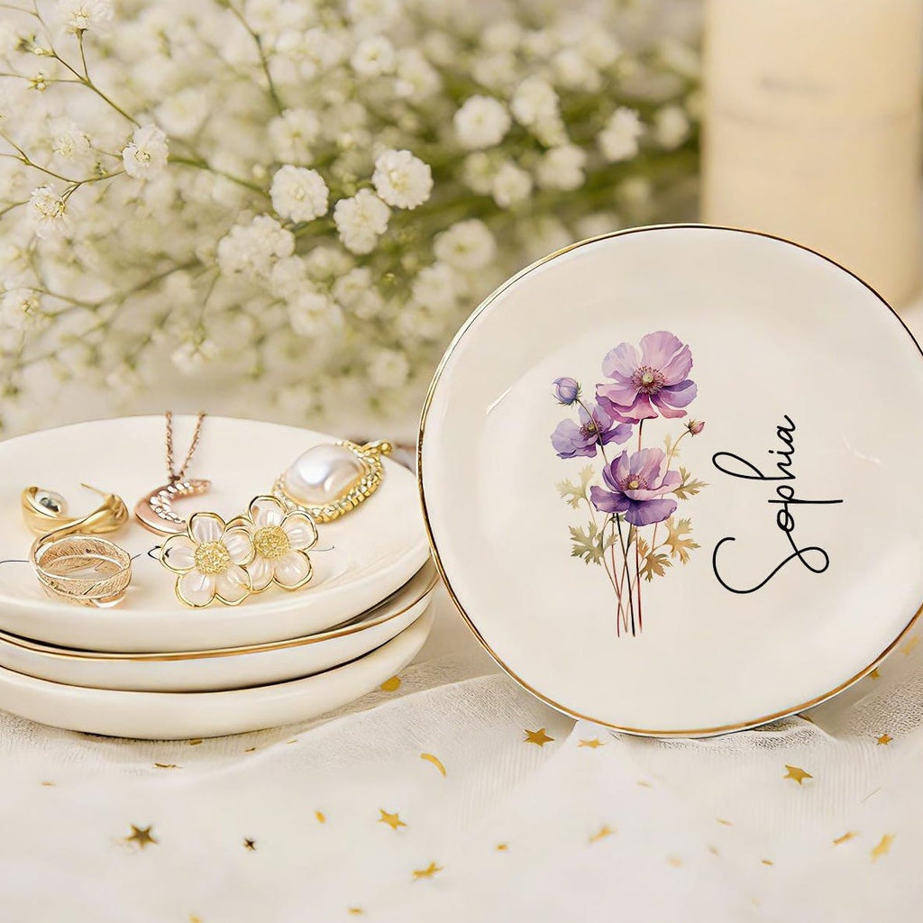 Custom Birth Flower Ring Trinket Dish, Personalized Birth Month Flower Trinket Dish,birthday Jewelry Dish,wedding Bridesmaid Gift _ Mom Gift