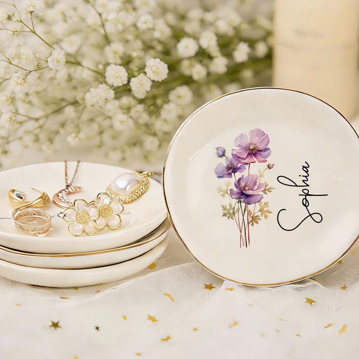 Custom Birth Flower Ring Trinket Dish, Personalized Birth Month Flower Trinket Dish,birthday Jewelry Dish,wedding Bridesmaid Gift _ Mom Gift