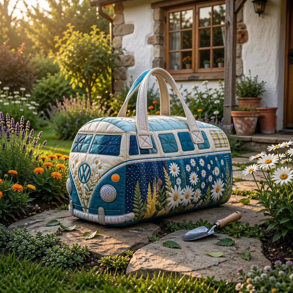Blue Daisy Camper Van Quilted Duffle Bag, Cottagecore Travel Tote, Retro Overnight Bag