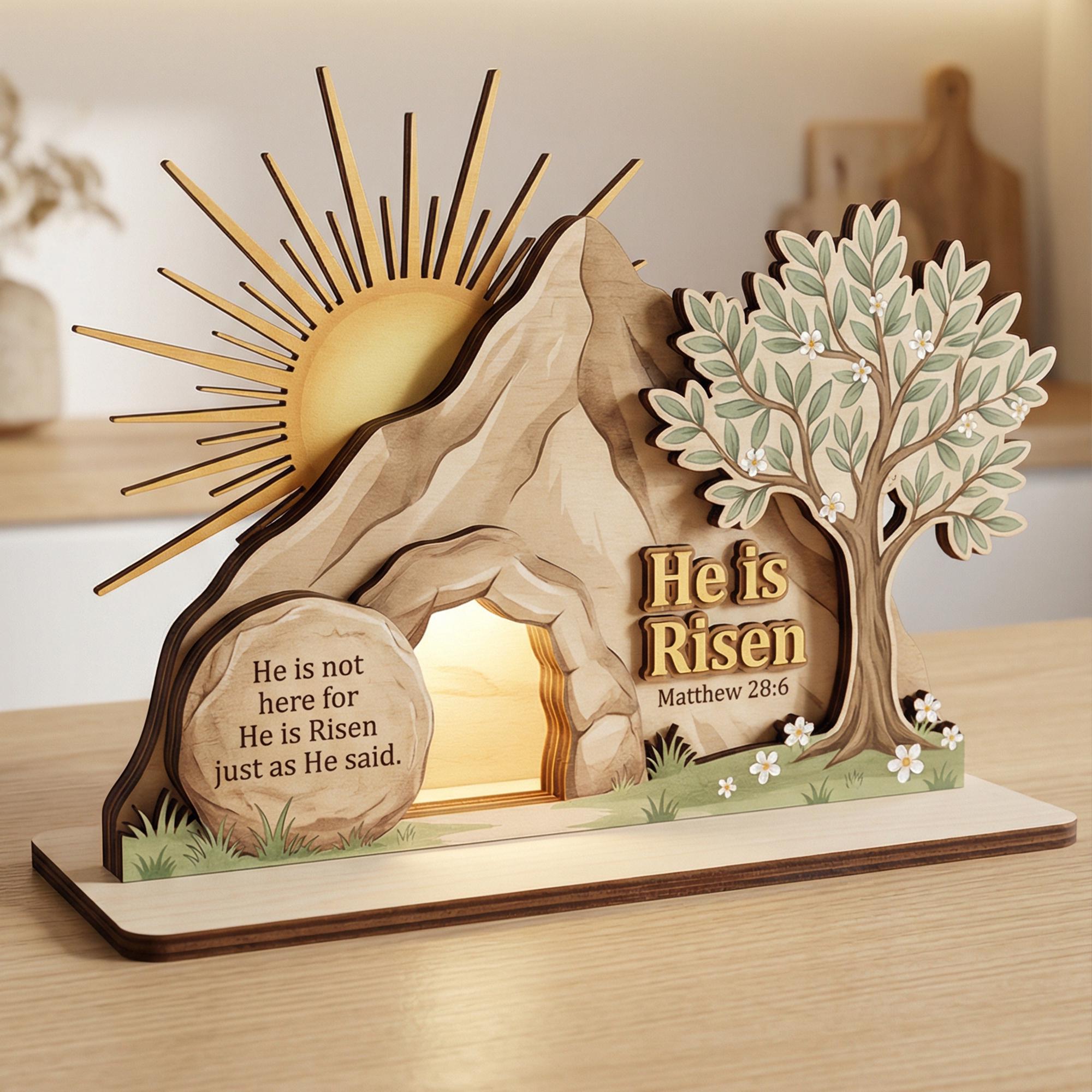 He is Risen Easter Wood Block, Christian Resurrection Decor, Bible Verse Table Centerpiece