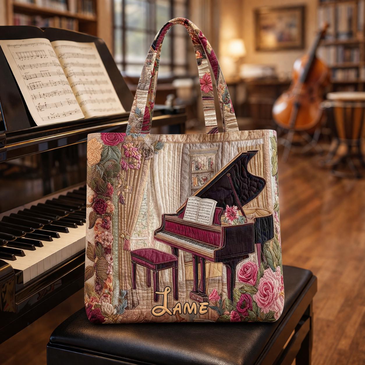 Custom Name Piano Quilted Tote Bag, Personalized Music Teacher Tote Bag, Aesthetic Keyboard Design Tote, Gift for Pianist, Piano Notes Bag