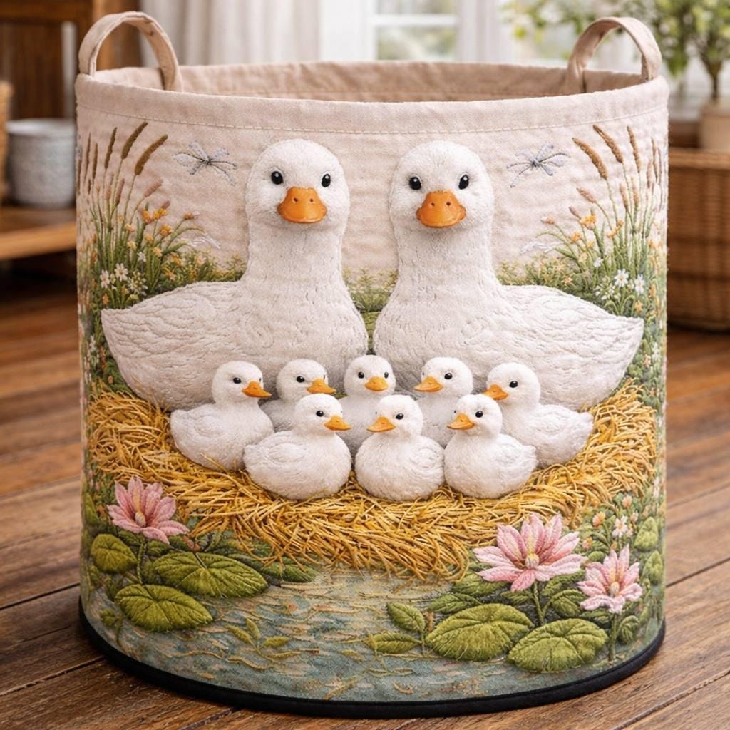 White Duck Family Quilted Laundry Basket, Cute Animal Storage Bin, Farmhouse Laundry Hamper, Nursery Organizer, Kids Room Decor