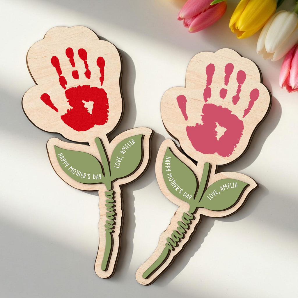 Personalized Handprint Flower Gift for Mom, Wooden Keepsake Mother’s Day Gift, Custom Baby Handprint Plaque, Mom Gift From Kids