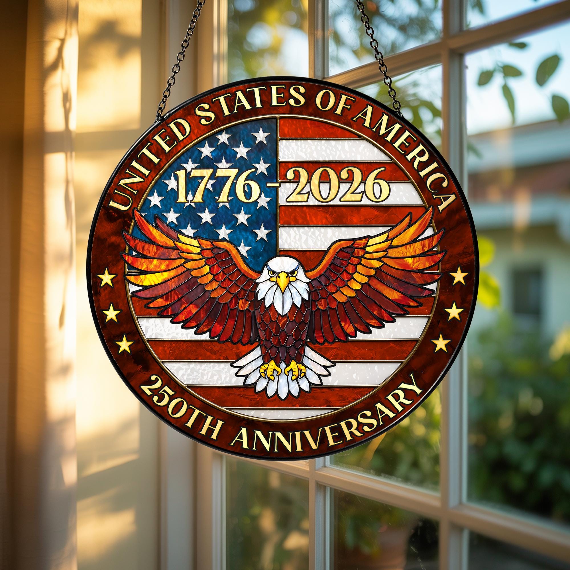 Stained Glass Suncatcher 250th Birthday USA, America 250 Window Hanging, Patriotic 4th of July Decor, Semiquincentennial Gift, 1776 2026