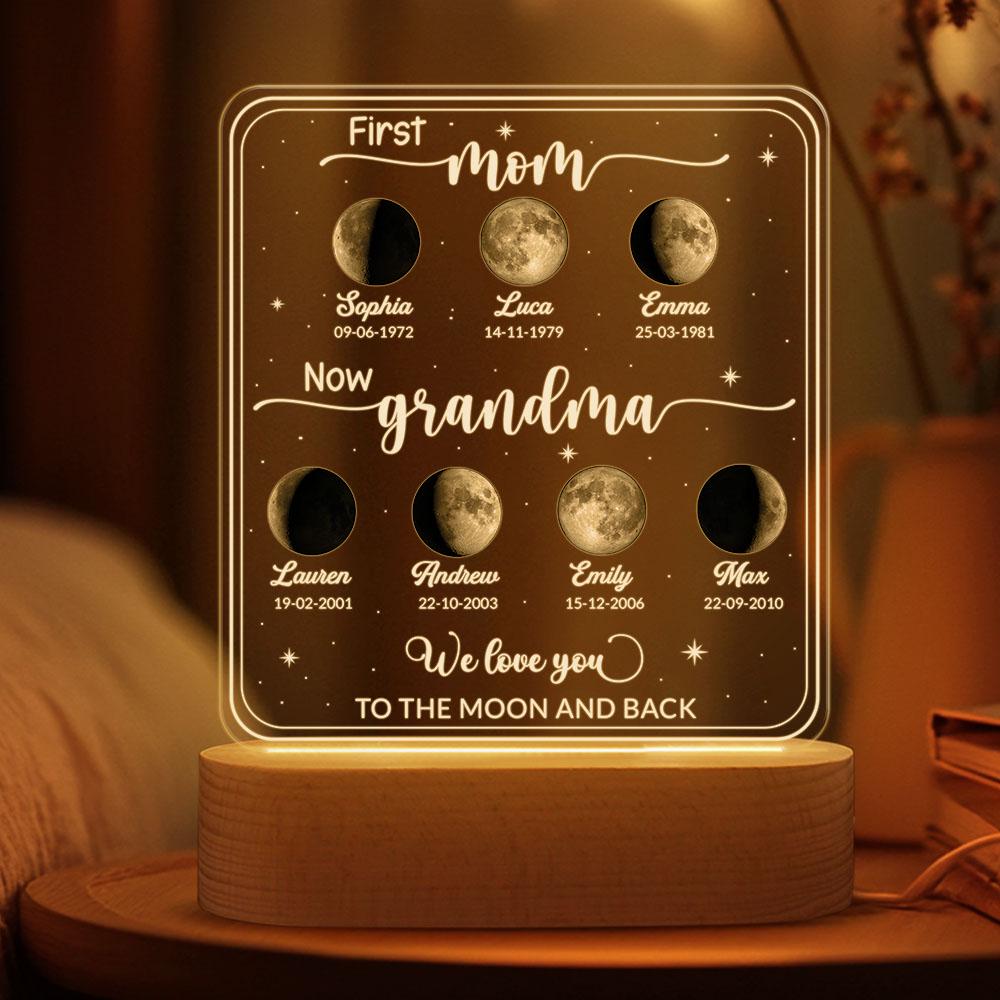 Personalized Moons Phase With Kids Names Night Light, Custom First Mom Now Grandma, Mother’s Day Present for Mom, the Day You Were Born Gift