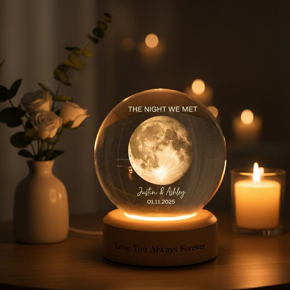 Our Moon Special Day Custom Moon Phase, Personalized Crystal Ball LED Night Light, Valentine's Day Gift for Couple, Husband, Boyfriend, Wife