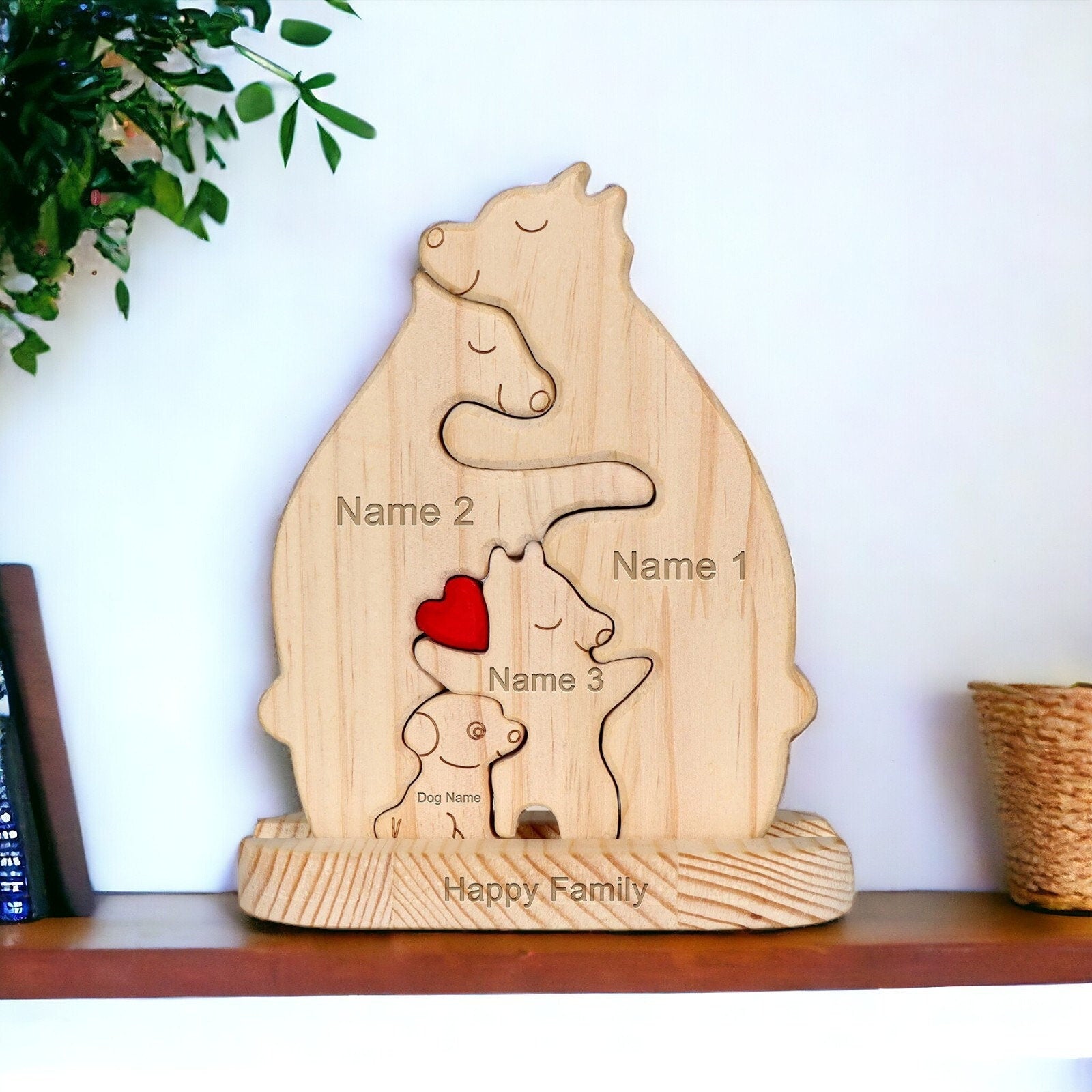 Wooden Bear Puzzle With Dog, Custom Keepsake, Personalized Family Present, Dog Lover Ornament, New Family Addition, New Puppy, Pet Gift Idea