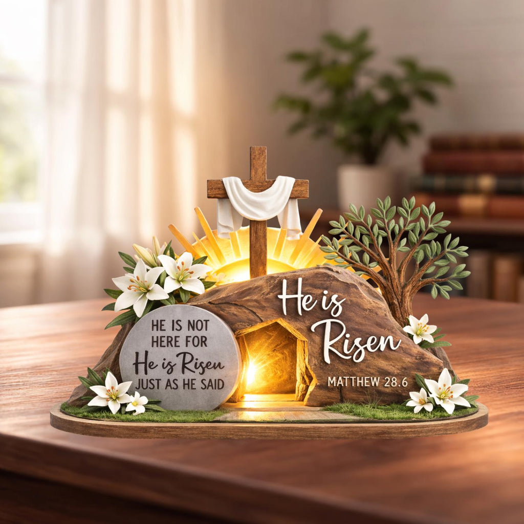 He is Risen Easter 2D FLAT Wooden Block, Christian Resurrection Table Sign, Religious Home Decor Gift, Easter Empty Tomb Cross Wood Shelf