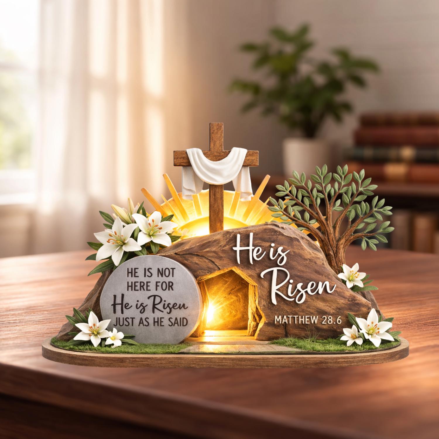 He is Risen Easter 2D FLAT Wooden Block, Christian Resurrection Table Sign, Religious Home Decor Gift, Easter Empty Tomb Cross Wood Shelf