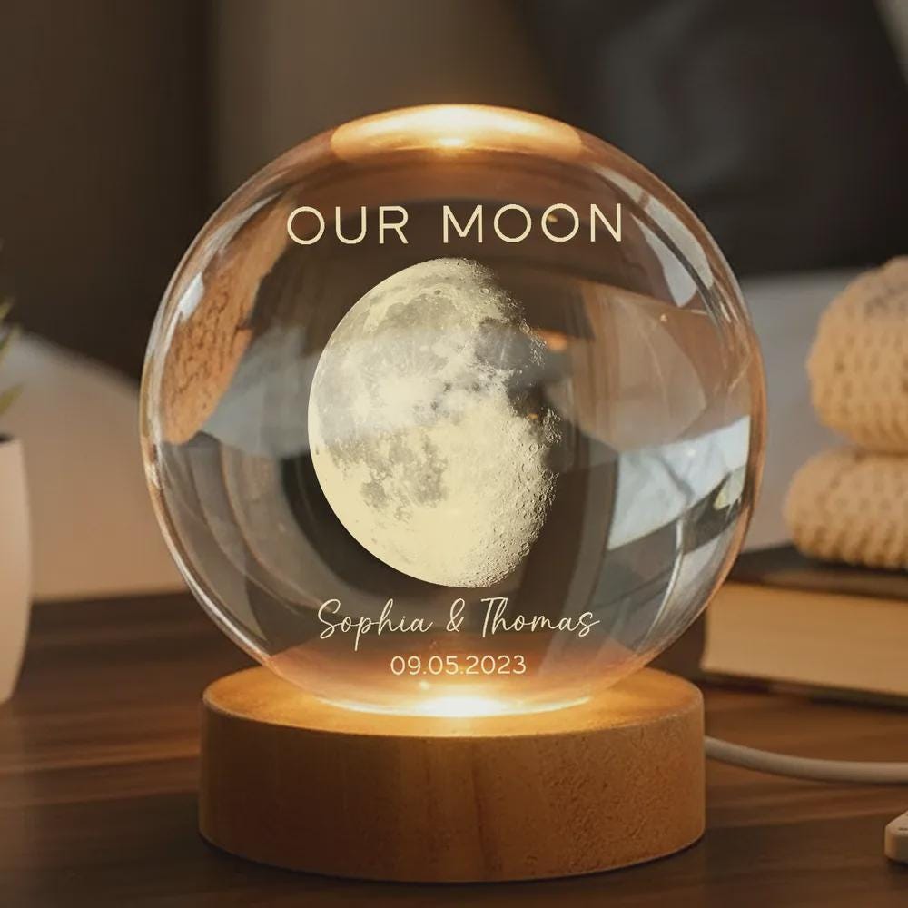 Personalized Moon Phase Crystal Ball Lamp, Custom Anniversary Night Light, Couple Anniversary Gift, Customizable with your names or special date, USB powered with 4 lighting modes