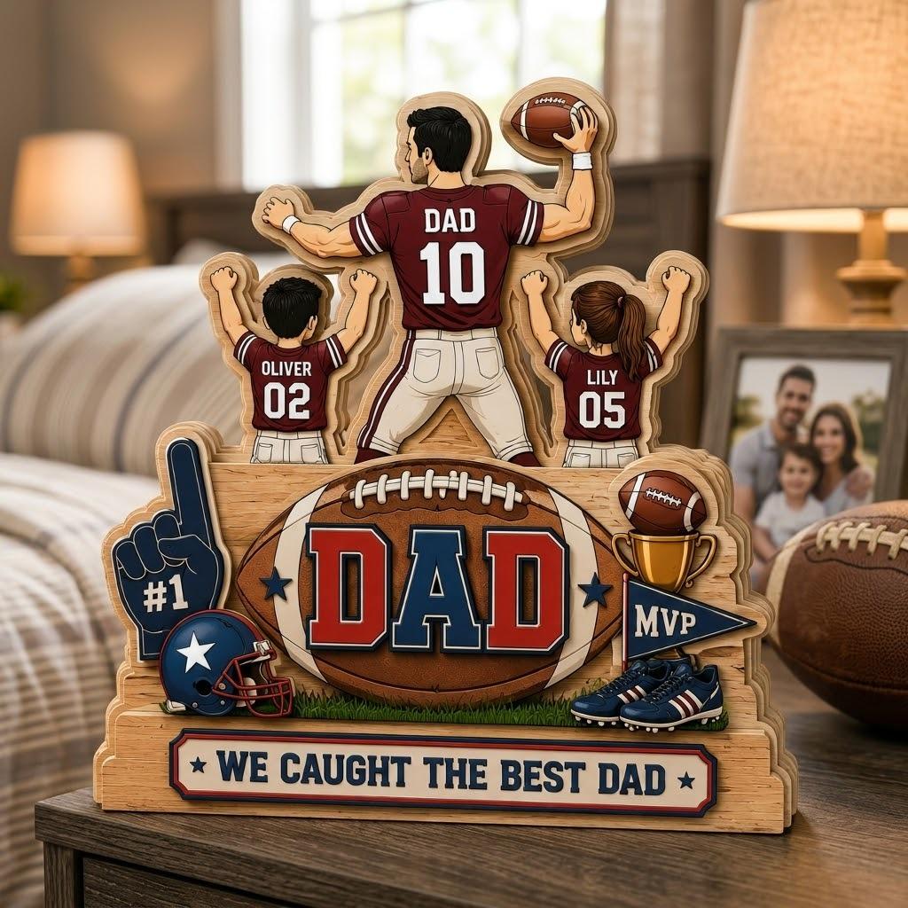 Personalized Football Dad Wooden Block, Custom Kids Names, Father's Day Sports Desk Keepsake