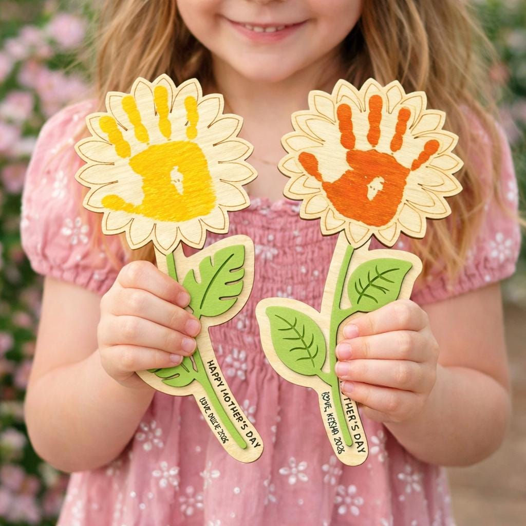 Personalized Mother’s Day Handprint Flower Sign, DIY First Mother's Day Handprint Sign, New Mom Mothers Day Gifts From Kids, Gift for Mom
