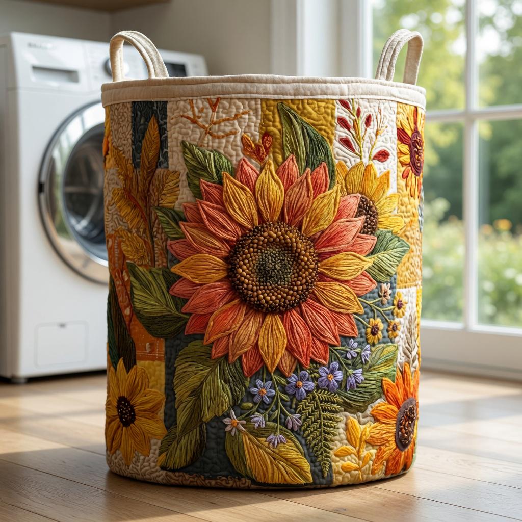 Quilted Sunflower Laundry Hamper, Floral Storage Bin, Garden Theme Organizer, Cozy Laundry Basket, Farmhouse Room Decor