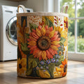Quilted Sunflower Laundry Hamper, Floral Storage Bin, Garden Theme Organizer, Cozy Laundry Basket, Farmhouse Room Decor. LBPETAL68