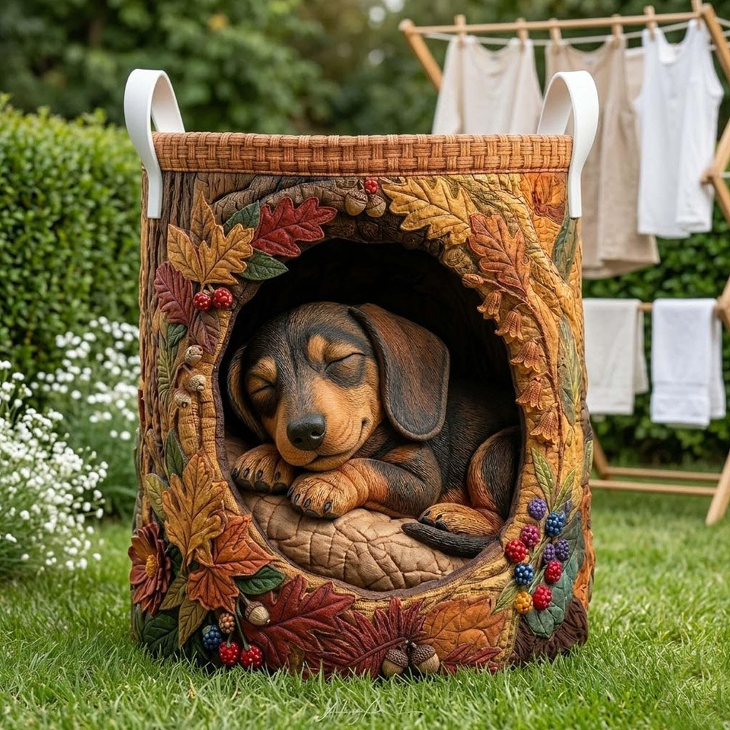 Dachshund Quilted Laundry Basket, Fall Vibe Dog Lover Hamper, Family Storage Bin, Cozy Autumn Pet Room Decor