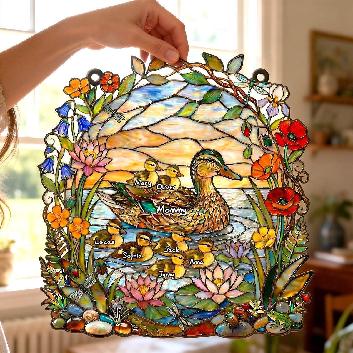 Ducky Mom Suncatcher Ornament, Personalized Family Window Decor, Mother's Day Keepsake