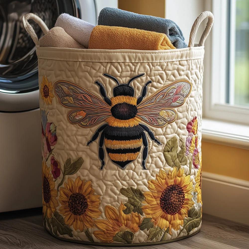Bee Sunflower Quilted Laundry Basket, Boho Floral Storage Hamper, Foldable Organizer