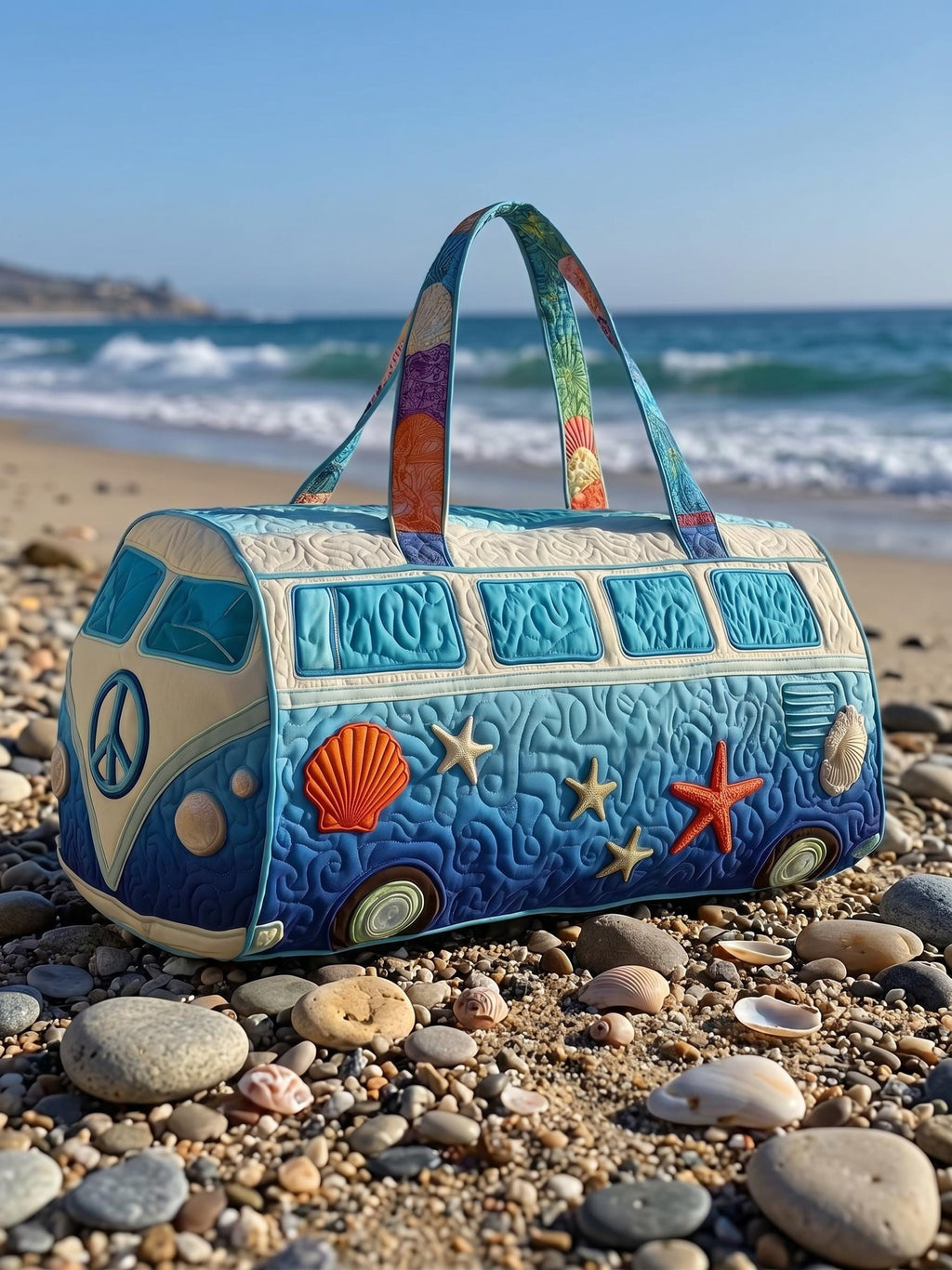 Quilted Camping Van Duffle Bag, Coastal Weekender Travel Tote, Beach Lover Overnight Bag