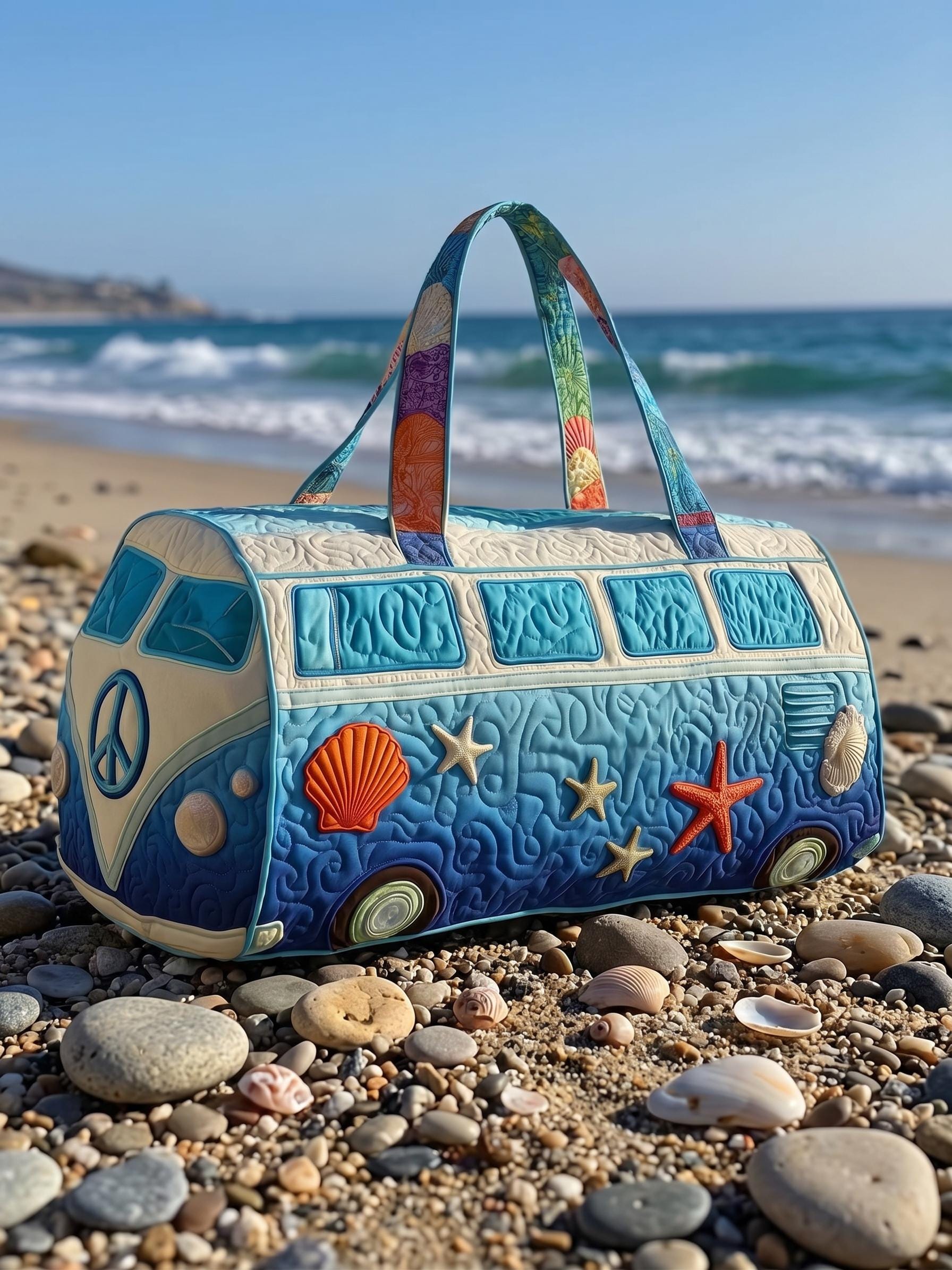 Quilted Camping Van Duffle Bag, Coastal Weekender Travel Tote, Beach Lover Overnight Bag