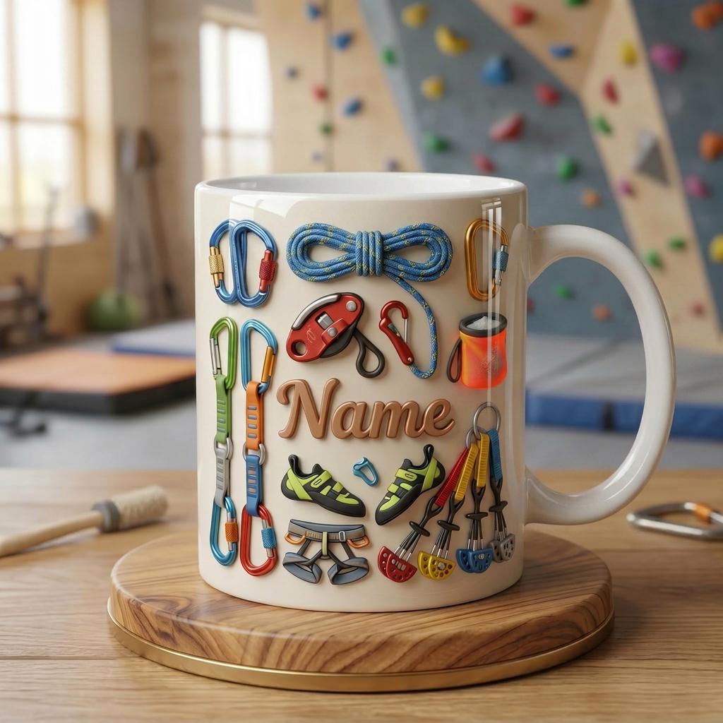 Custom Name Rock Climbing Mug, 3D Faux Climbing Coffee Cup, Personalized Climber Gift, Mountain Adventure Mug