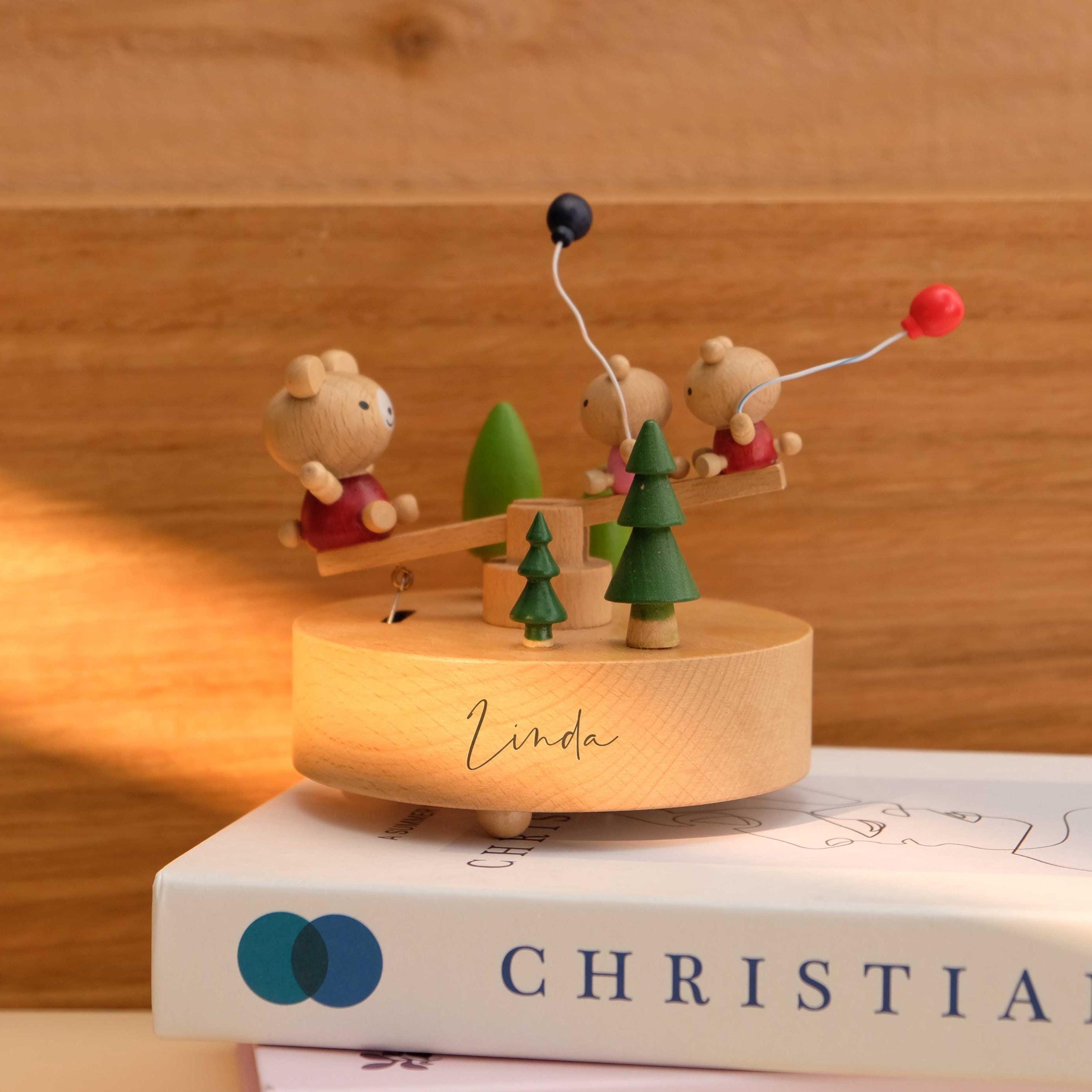 Personalized Name Wooden Bear Seesaw Music Box, Birthday Music Box, Custom Engraved Music Box, Baby Shower Gift, Christmas Gift for Kids