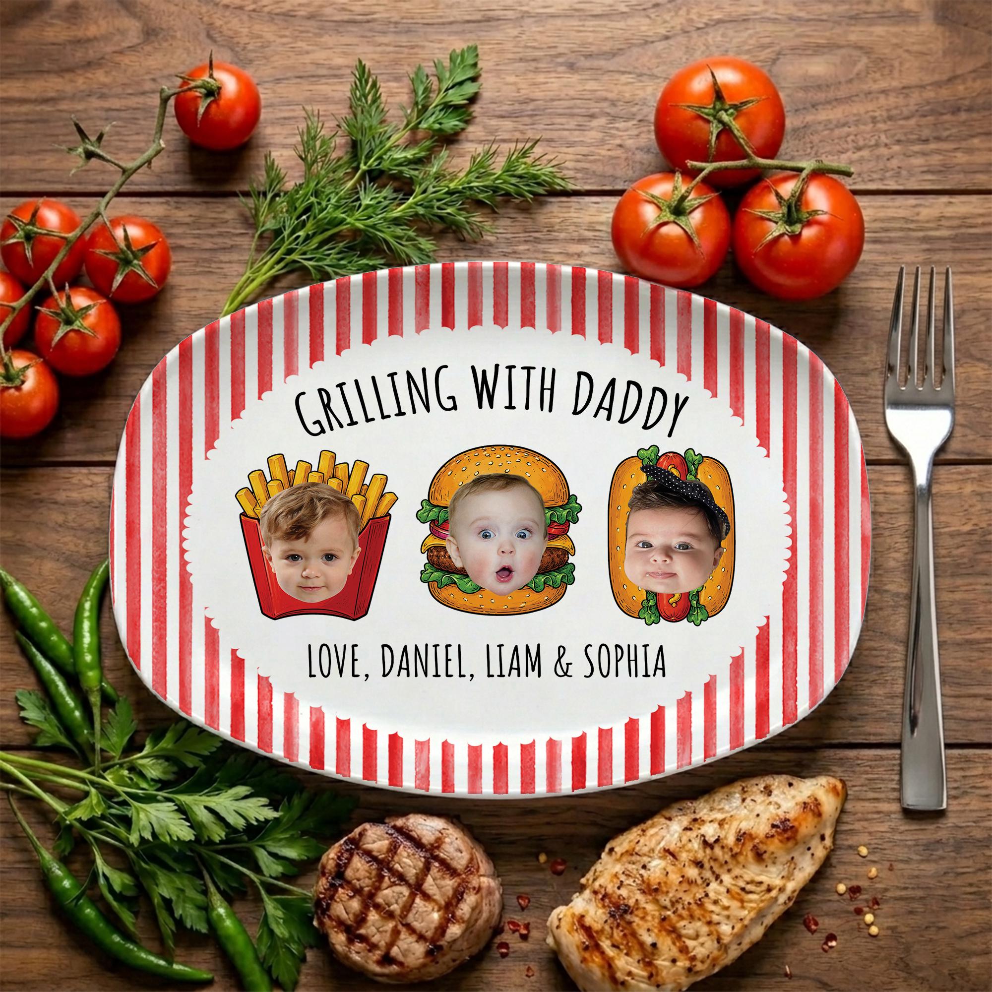 Custom Father’s Day Gift for Dad From Kids, Personalized Striped Dad’s Grilling Platter With Kid Faces, Dad Grilling Plate for Kitchen Decor