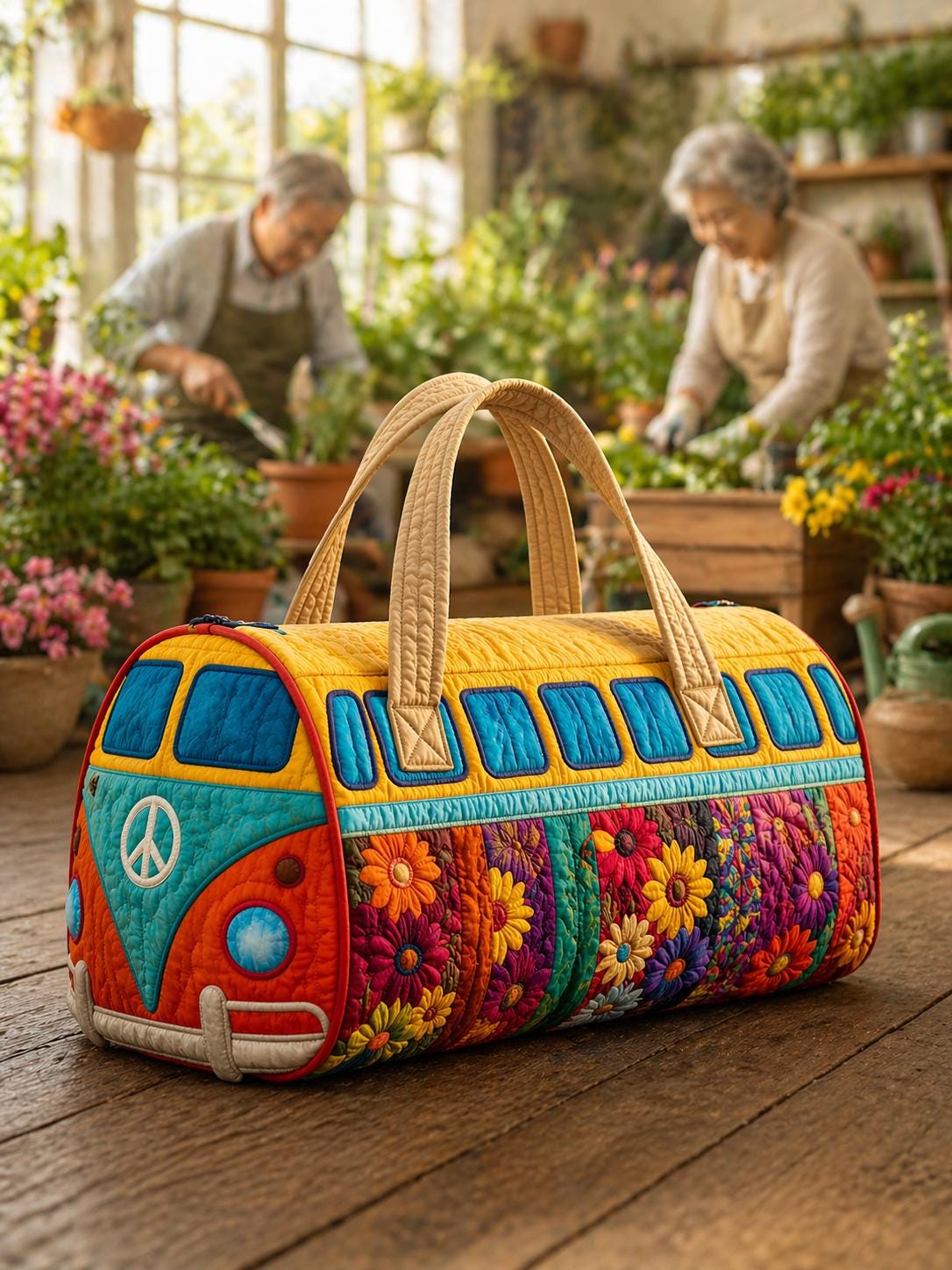 Quilted Camper Van Weekender Bag, Retro Boho Floral Travel Tote
