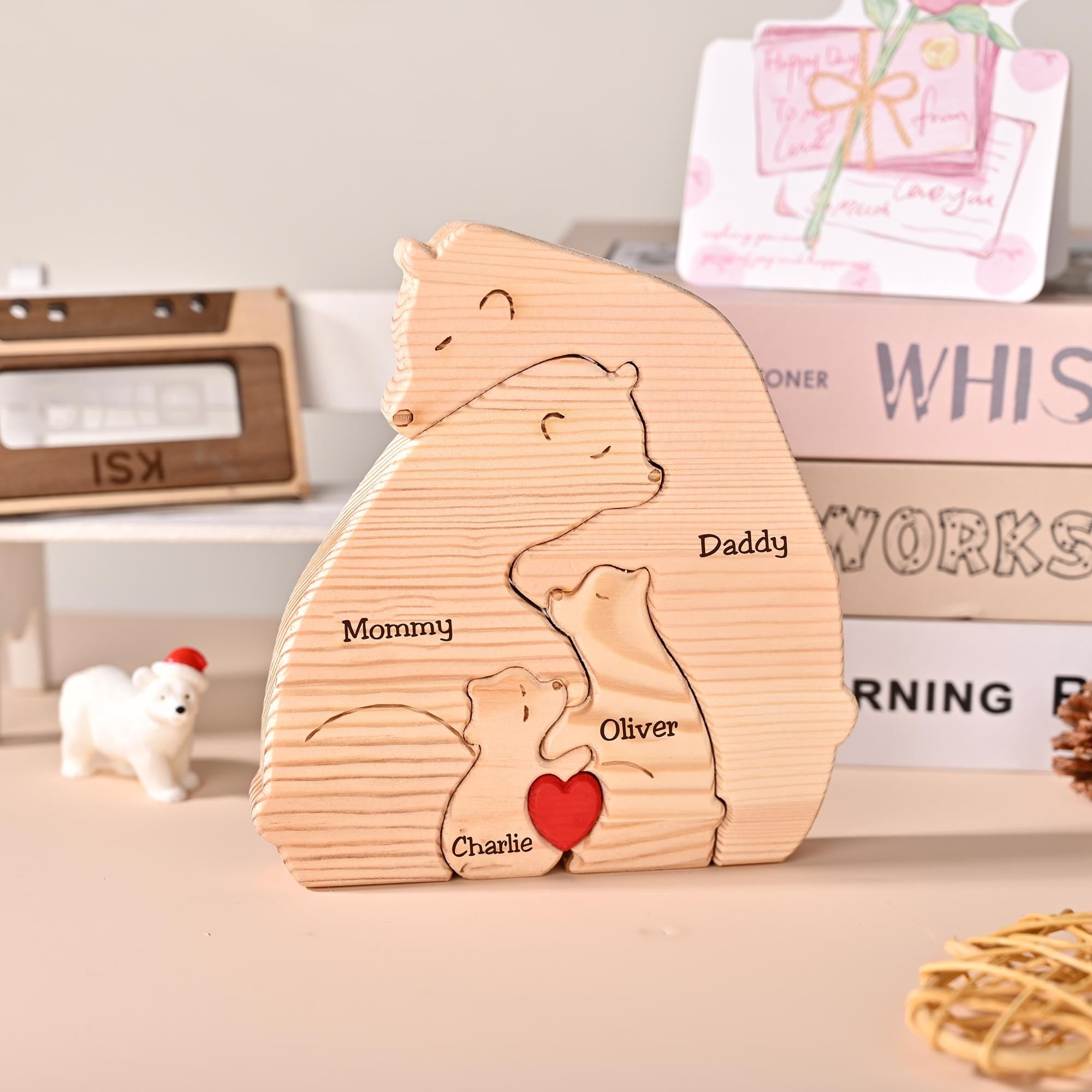 Engraved Bear Hug Family Wooden Puzzle, Personalized Gift for Mom Dad Kids, Engraved Name Gift, Anniversary Gift for Couple, Home Decor