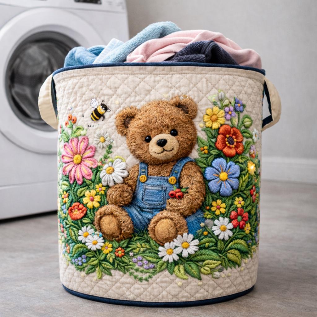 Quilted Laundry Basket With Cute Bear Design, Large Fabric Storage Bin for Clothes, Nursery Toy Organizer, Decorative Laundry Hamper