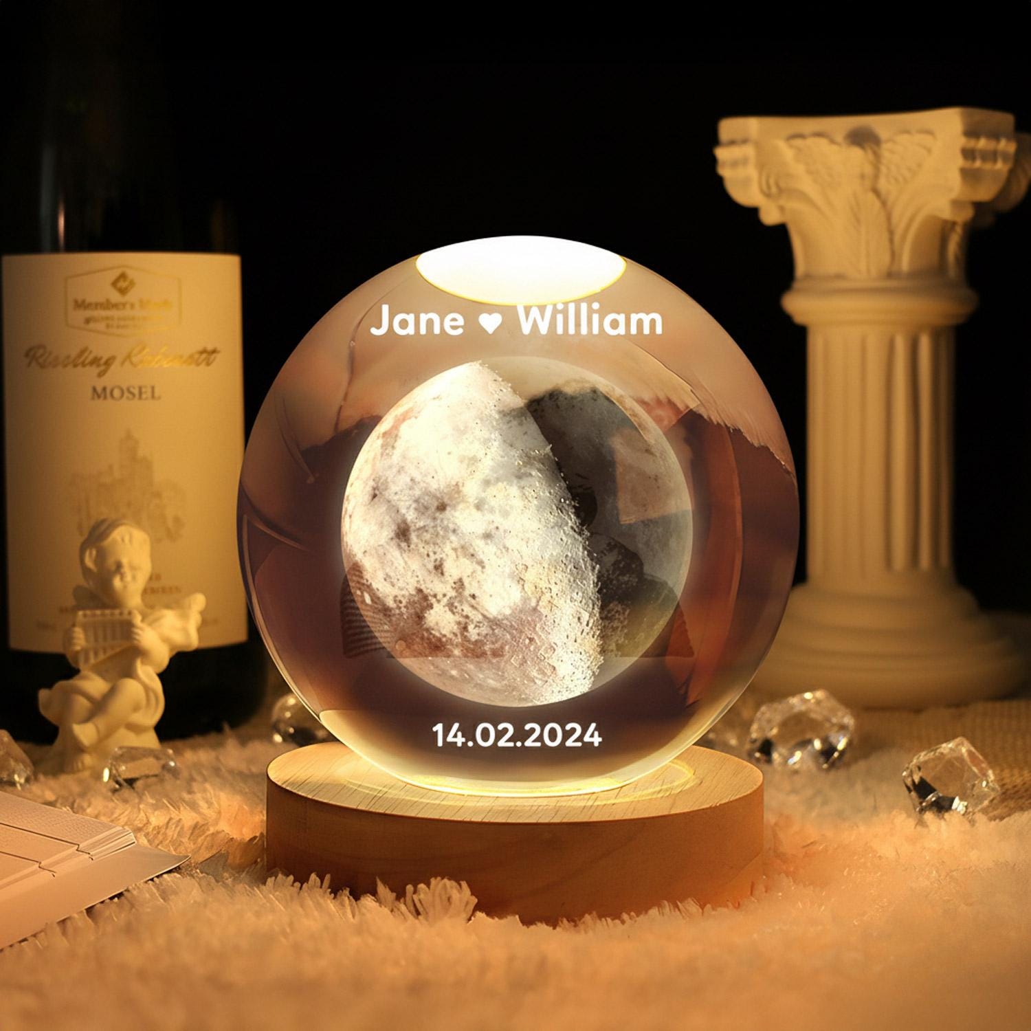 Personalized Moon Phase Crystal Ball Night Light_ Engraved Photo, Romantic Gift