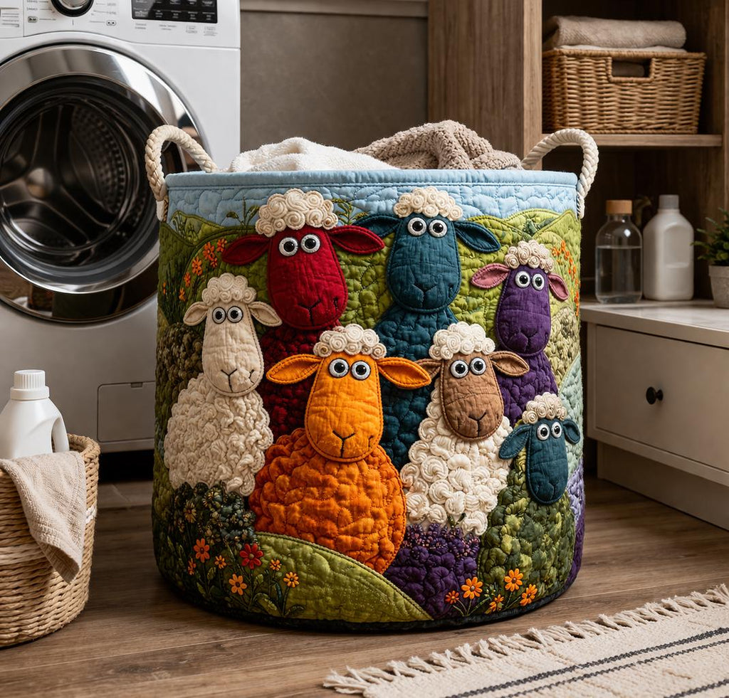 Patchwork Sheep Laundry Basket, Farmhouse Quilt Storage Bin, Rustic Organizer