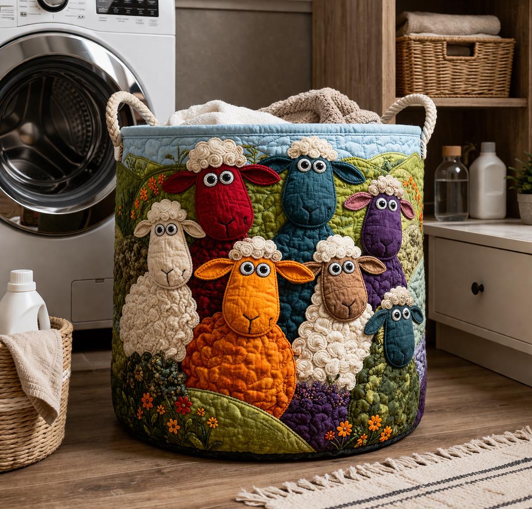 Patchwork Sheep Laundry Basket, Farmhouse Quilt Storage Bin, Rustic Organizer