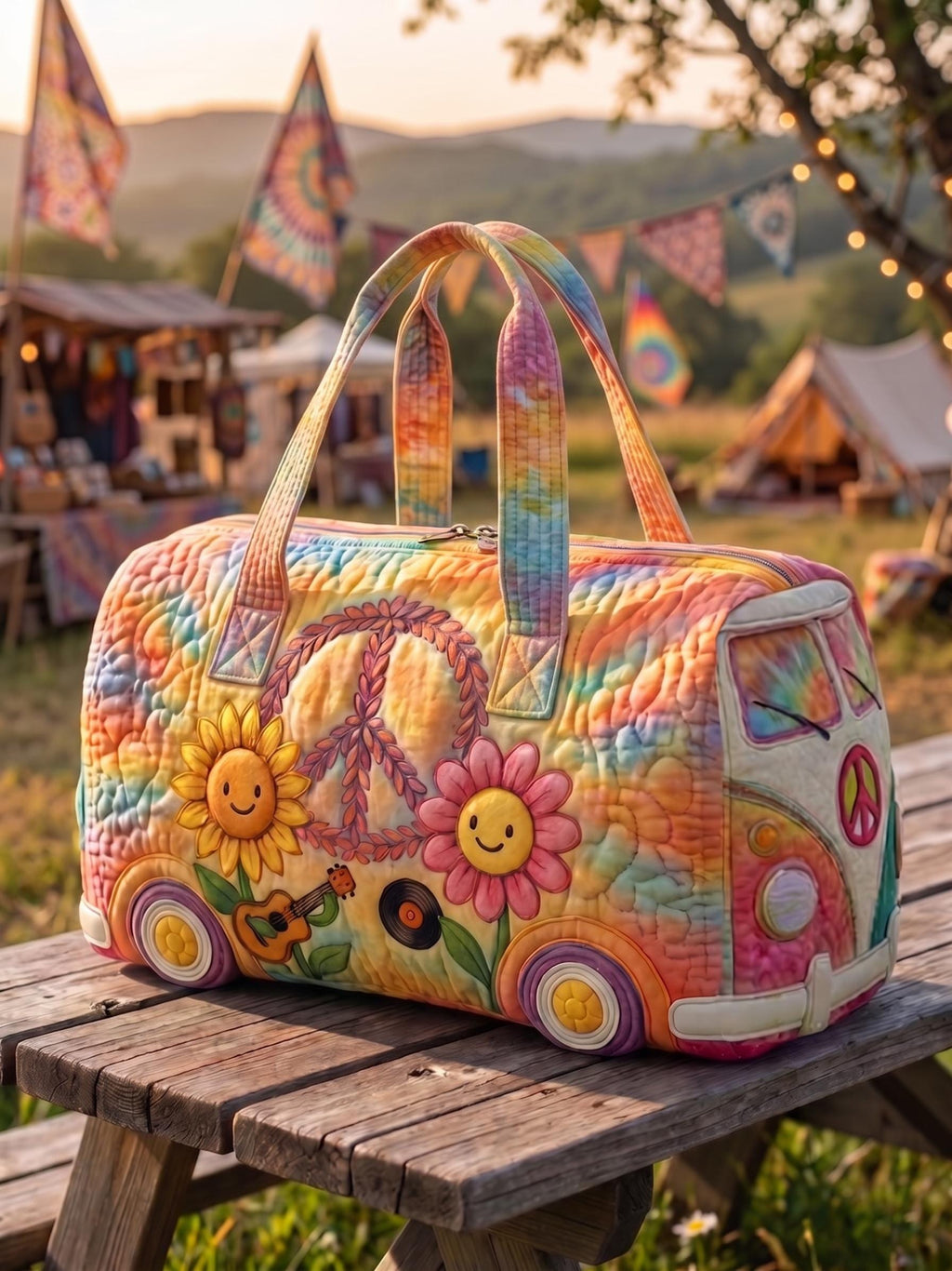 Hippie Camping Duffle Bag Pastel Boho Floral Weekender Peace Sign Travel Bag