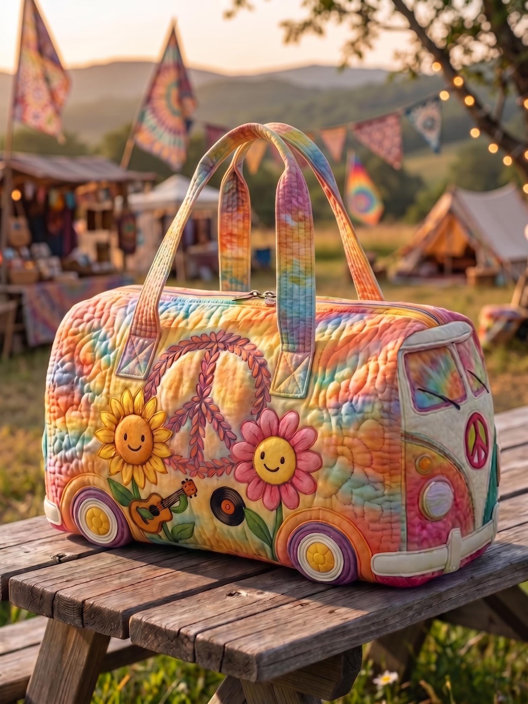 Hippie Camping Duffle Bag Pastel Boho Floral Weekender Peace Sign Travel Bag