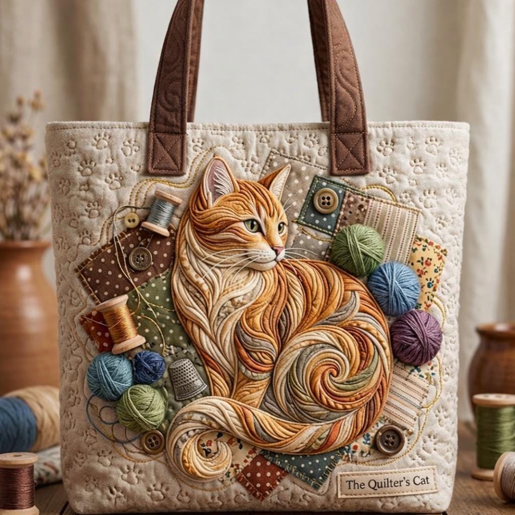 Cat Quilted Tote Bag Patchwork Sewing Lover Gift Cottagecore Fabric Tote Handmade Style Shoulder Bag for Women Everyday Use