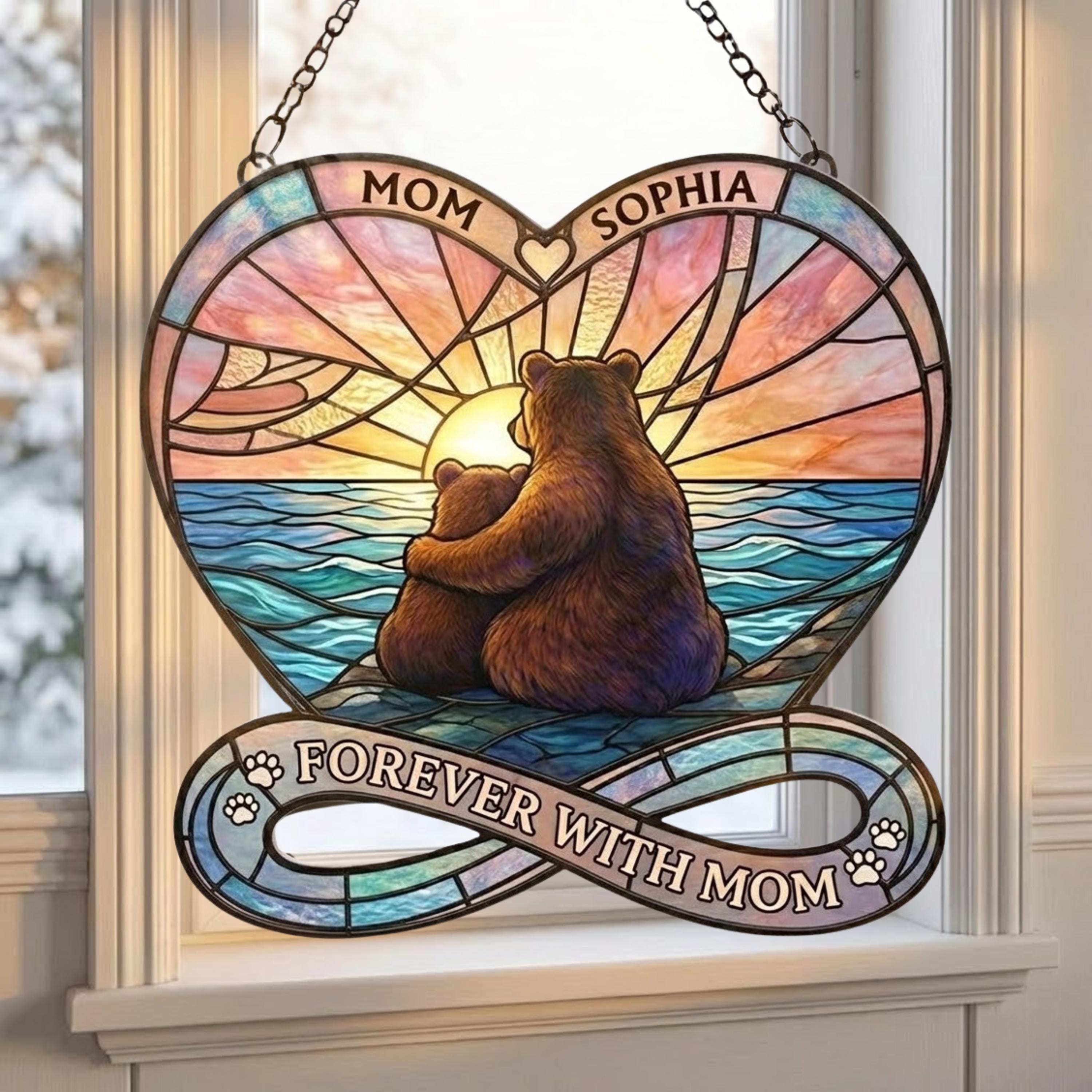 Personalized Bear Mom & Daughter Acrylic Suncatcher, Heart Acrylic Window Hanging, Mother's Day Gift, Forever With Mom Decor, Gift for Mom