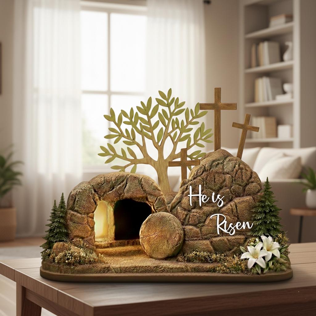 He is Risen Easter Wooden Decor, Christian Resurrection Empty Tomb Scene, Handmade Religious Cross Egg Ornament, Faith Easter Home Gift