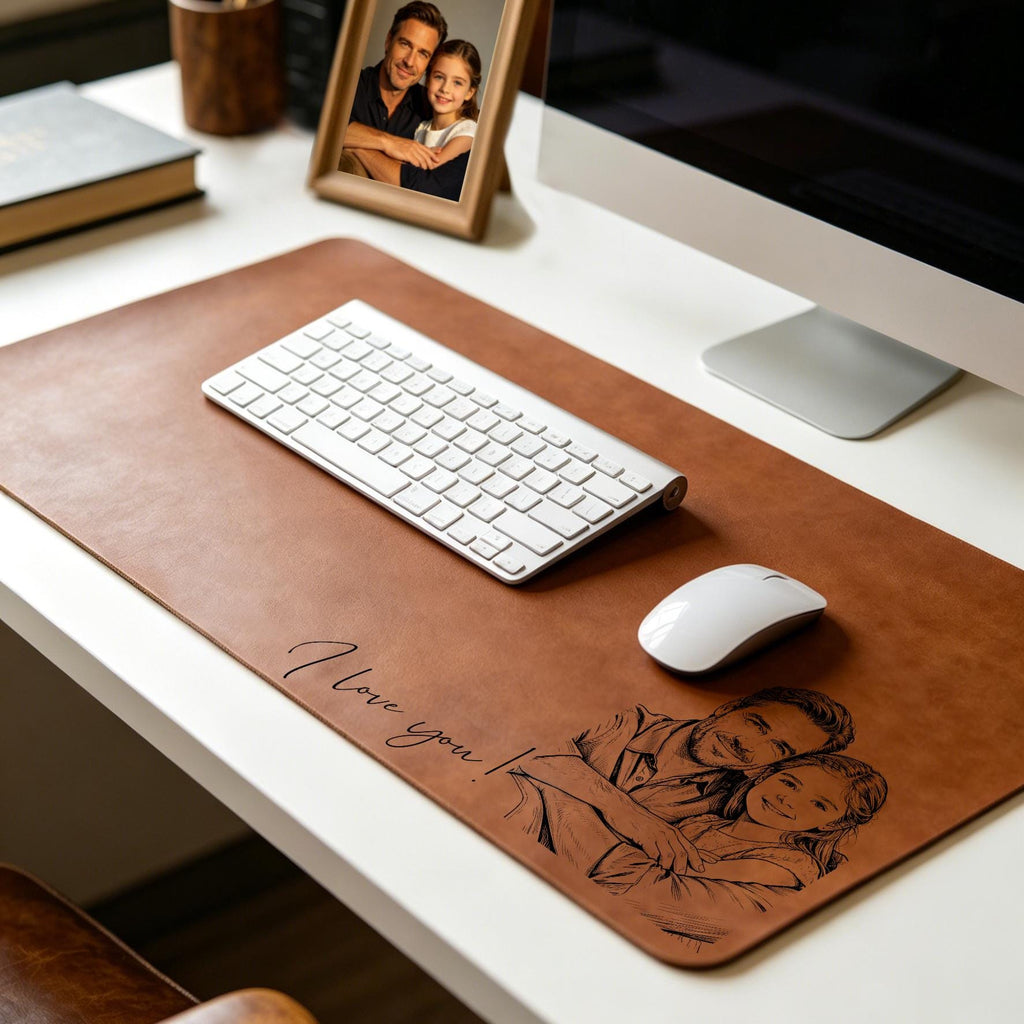 Personalized Dad We Love You Custom Photo Sketch Line Art Desk Mat,father’s Day Gift, Daddy & Kid Line Art Desk Pad,custom Leather Desk Mat