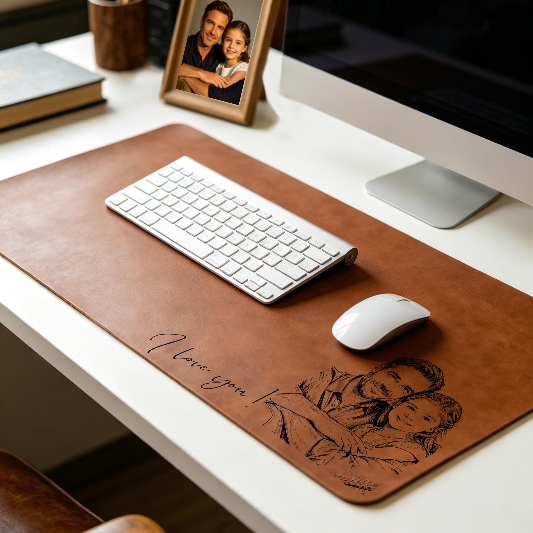 Personalized Dad We Love You Custom Photo Sketch Line Art Desk Mat,father’s Day Gift, Daddy & Kid Line Art Desk Pad,custom Leather Desk Mat